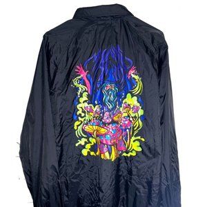 Zumies Mens Large Black Psychedelic Mushroom Trippy Nylon Windbreaker Jacket